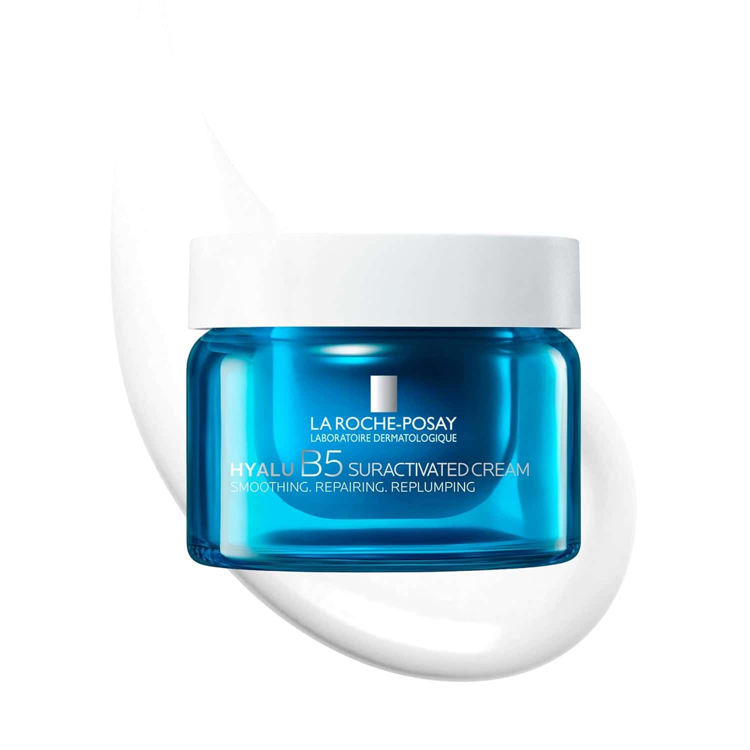 A blue jar of La Roche-Posay Hyalu B5 Suractiveated Cream sits in front of a white cream smear, with text highlighting its smoothing, repairing, and replumping benefits.