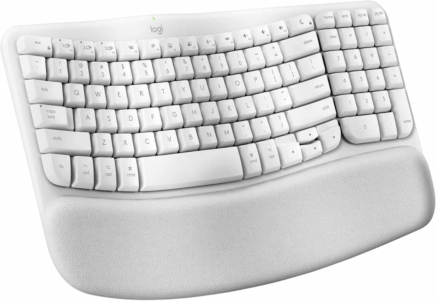 White ergonomic Logitech keyboard with a curved layout and built-in cushioned wrist rest, shown from an angled perspective.