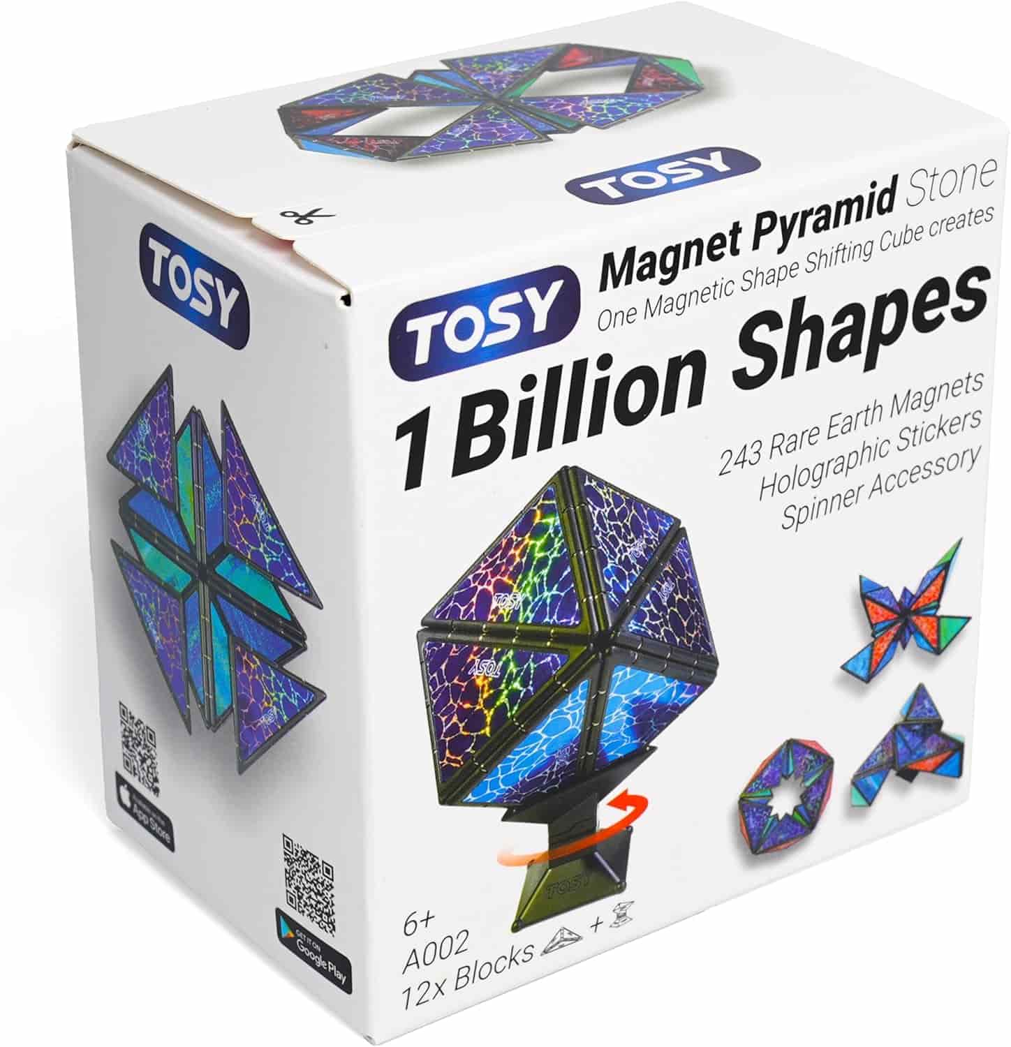 A box for the TOSY Magnet Pyramid Stone puzzle, showing the product, features like holographic stickers, and the text "1 Billion Shapes" on the front.