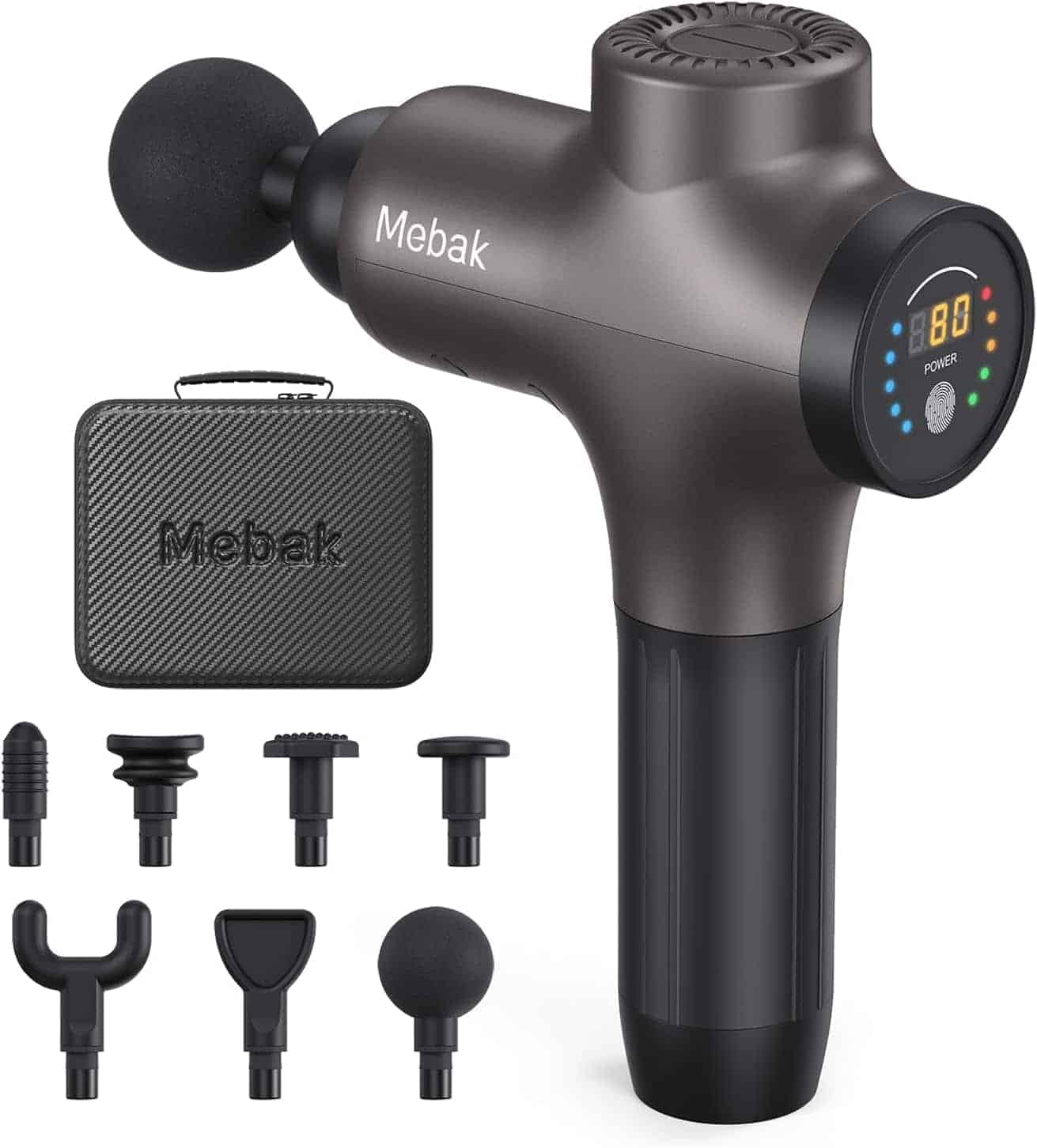 A black Mebak massage gun with digital display, six interchangeable heads, and a carrying case shown beside it.