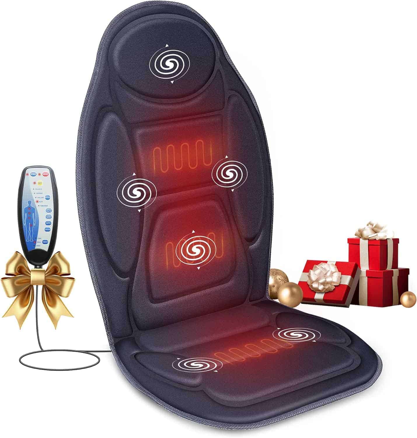 A heated massage seat cushion with a remote control, shown with holiday gift decorations including wrapped presents, a ribbon, and ornaments.