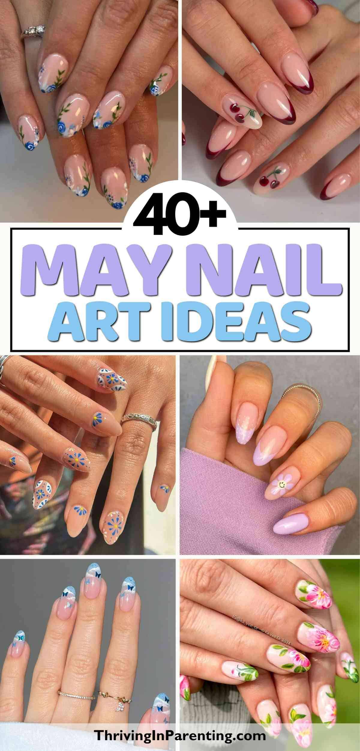 Collage of hands displaying various colorful and floral-themed May nail ideas.