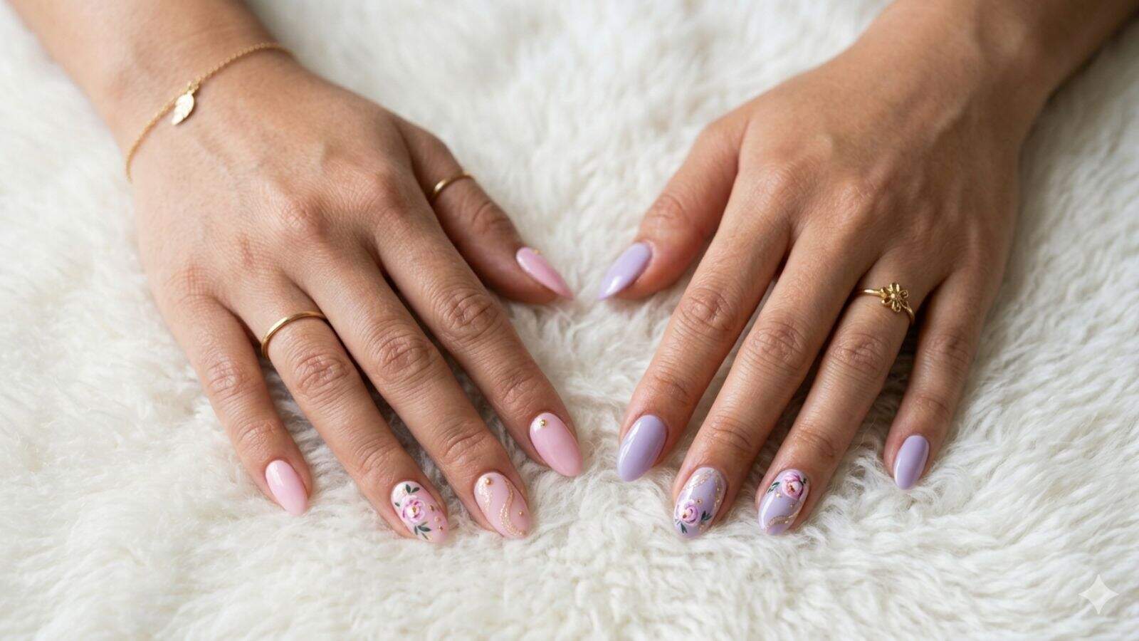 Two hands with manicured nails featuring pastel colors, floral designs, and small decorative accents, resting on a white, fluffy surface.