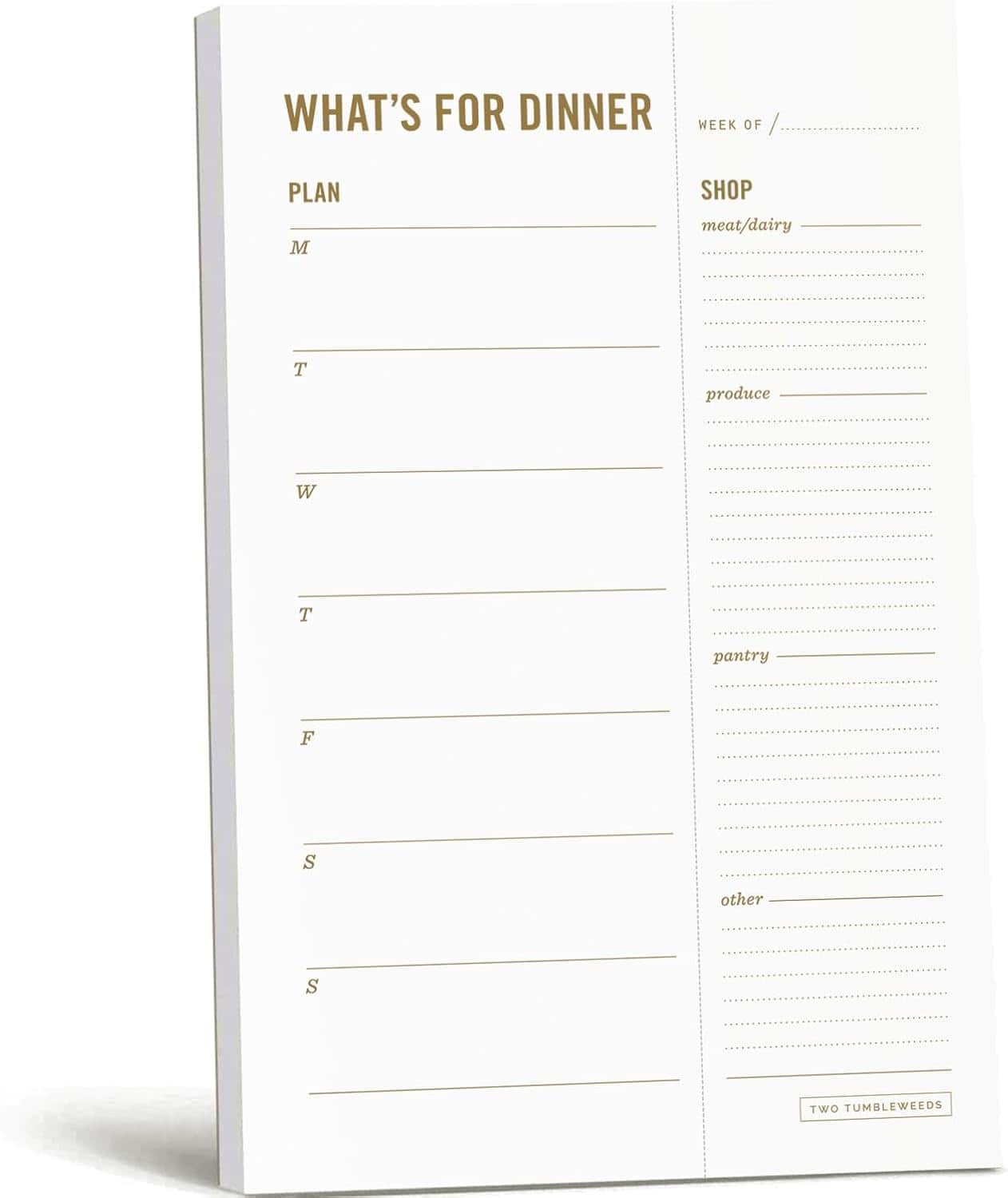 A blank weekly meal planner pad with sections for each day, a shopping list divided by category, and a blank space for the week number.