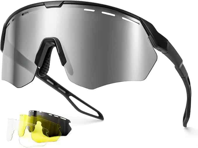 Sleek black sports sunglasses with a large mirrored lens and ventilation slots, shown with three interchangeable lenses in clear, yellow, and black.