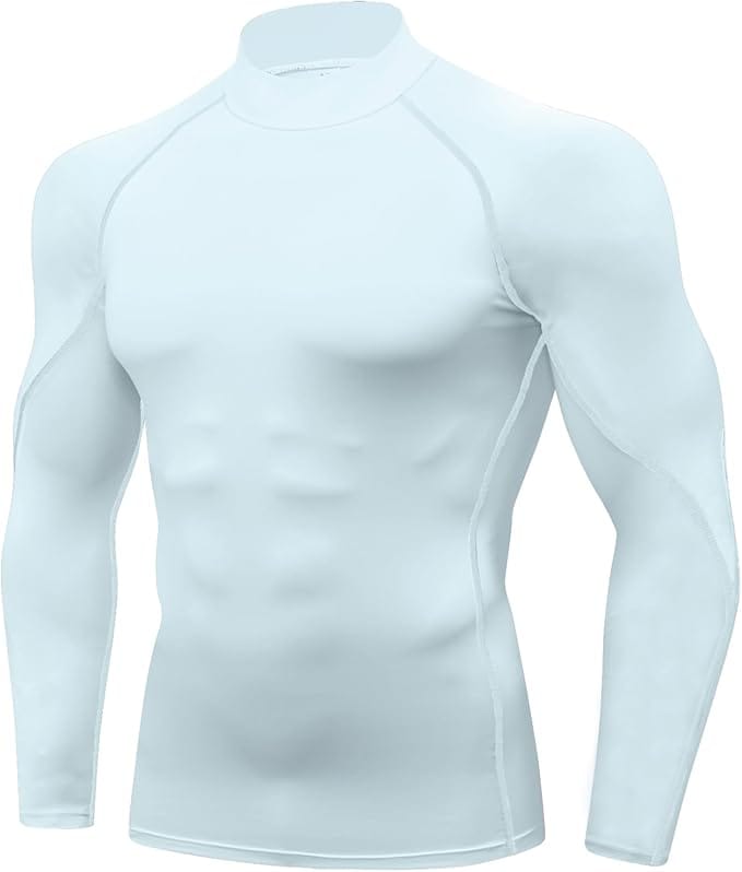 A plain, light blue, long-sleeve compression shirt displayed on a featureless mannequin torso with no background.
