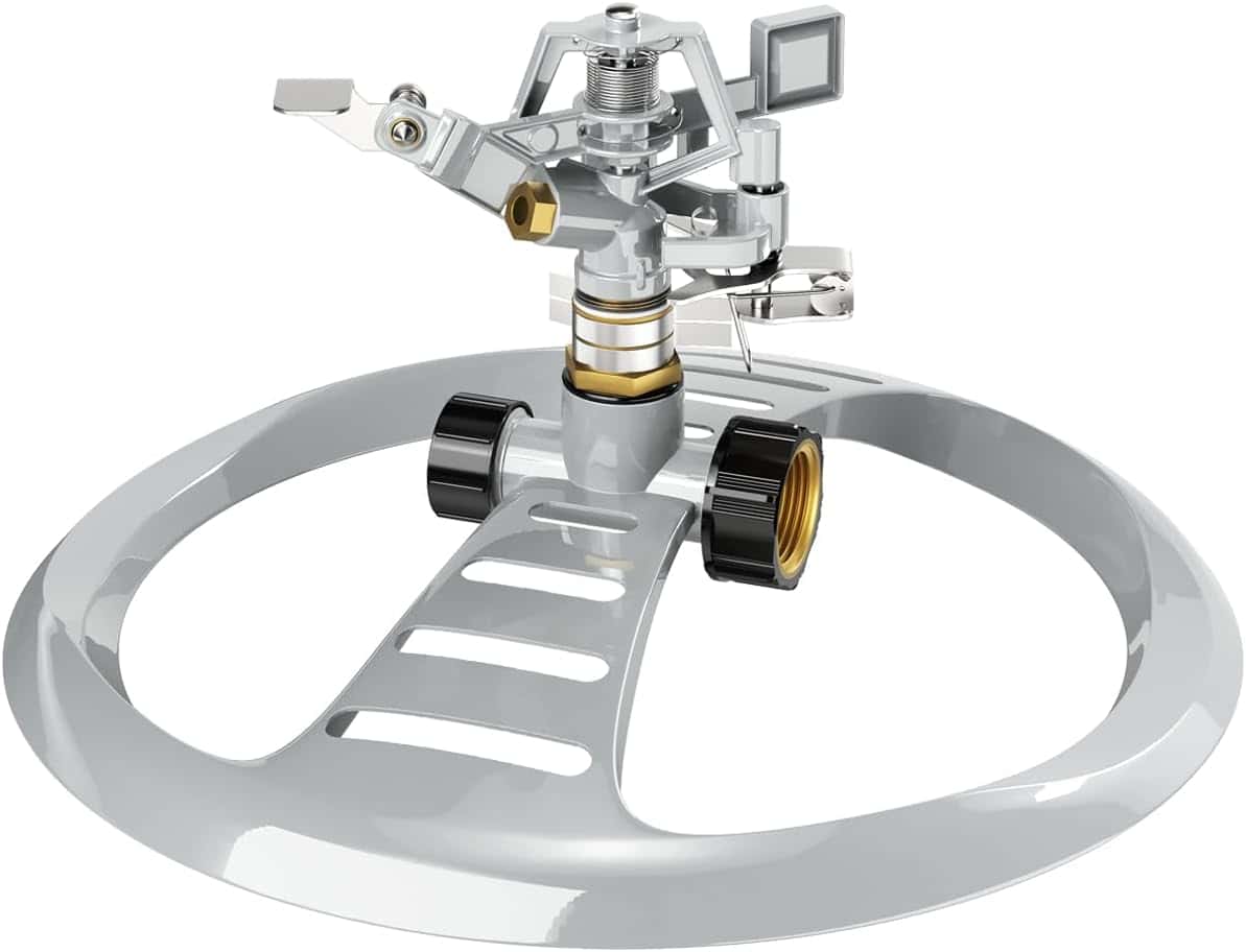 A metal circular lawn sprinkler with adjustable spray nozzle, two black knobs, and a connection for a garden hose.
