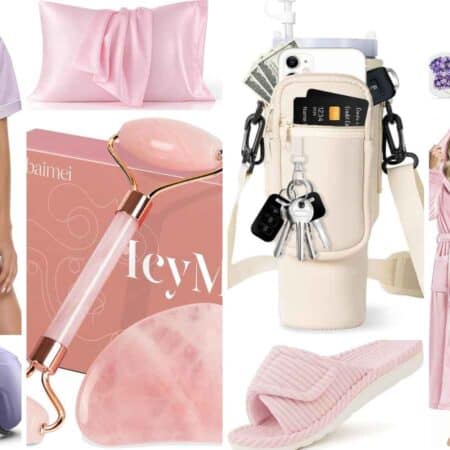A collage of self-care items including pajamas, a silk pillowcase, water bottle holder, skincare products, slippers, a bathrobe, a rose quartz roller, and a lavender-scented set.