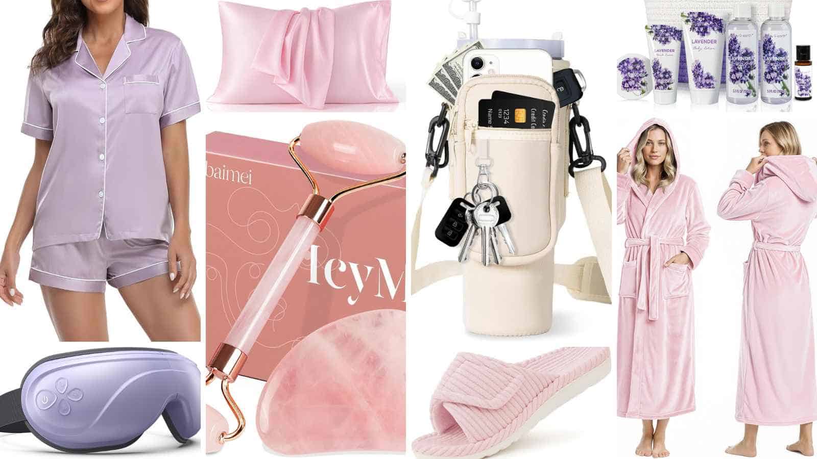 A collage of self-care items including pajamas, a silk pillowcase, water bottle holder, skincare products, slippers, a bathrobe, a rose quartz roller, and a lavender-scented set.