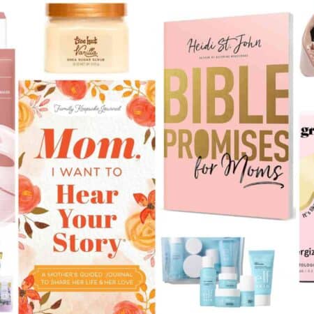 A collection of Mother's Day gift items, including skincare products, books, eye masks, body scrub, and floral-themed packaging, arranged side by side.