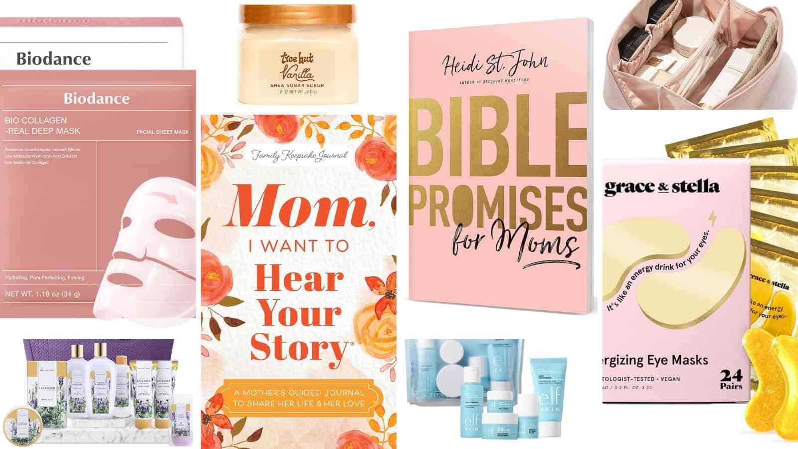 A collection of Mother's Day gift items, including skincare products, books, eye masks, body scrub, and floral-themed packaging, arranged side by side.
