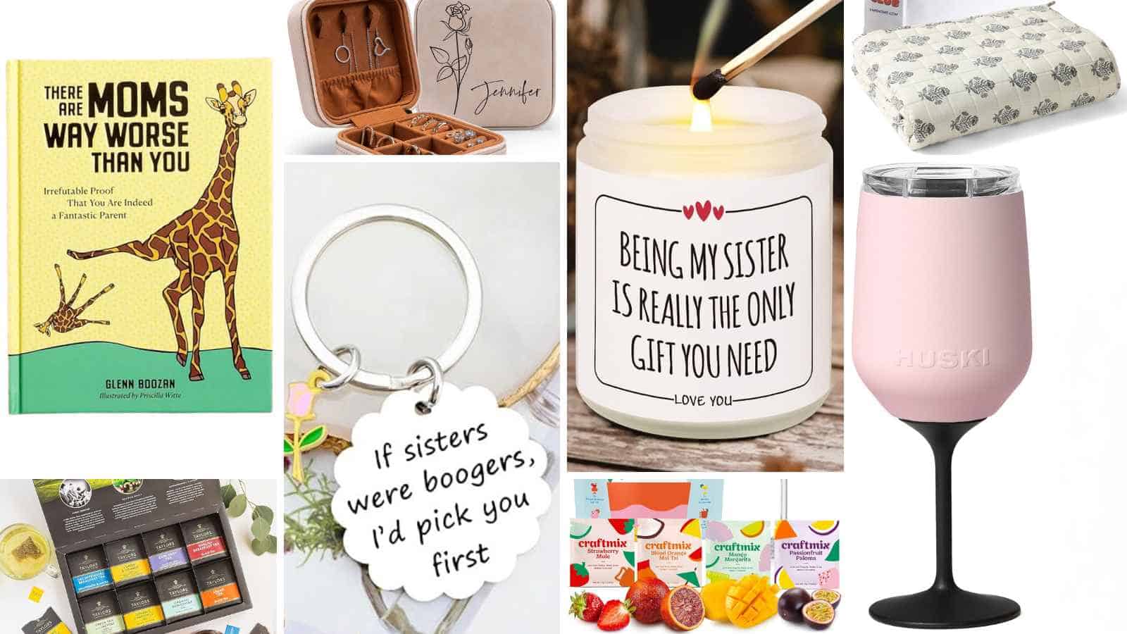 A collage of various gift items, including a book with a giraffe, jewelry box, candle, floral pouch, keychain, pink tumbler, tea set, snacks, and a candle with a humorous message about sisters.