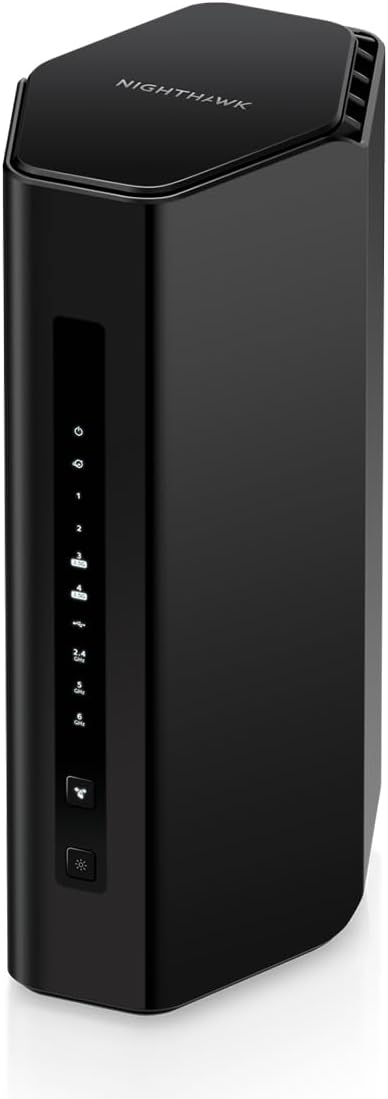 A black Nighthawk WiFi router with indicator lights on the front and a sleek, vertical design.