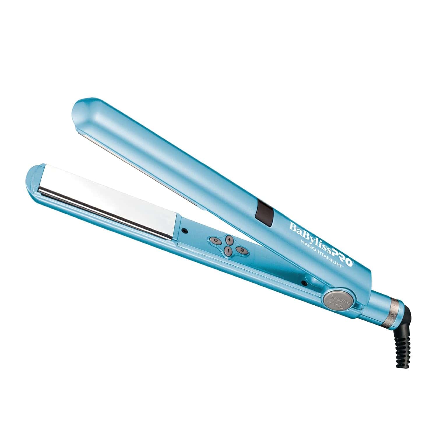 A blue BaBylissPRO flat iron hair straightener with a silver ceramic plate and a black power cord.