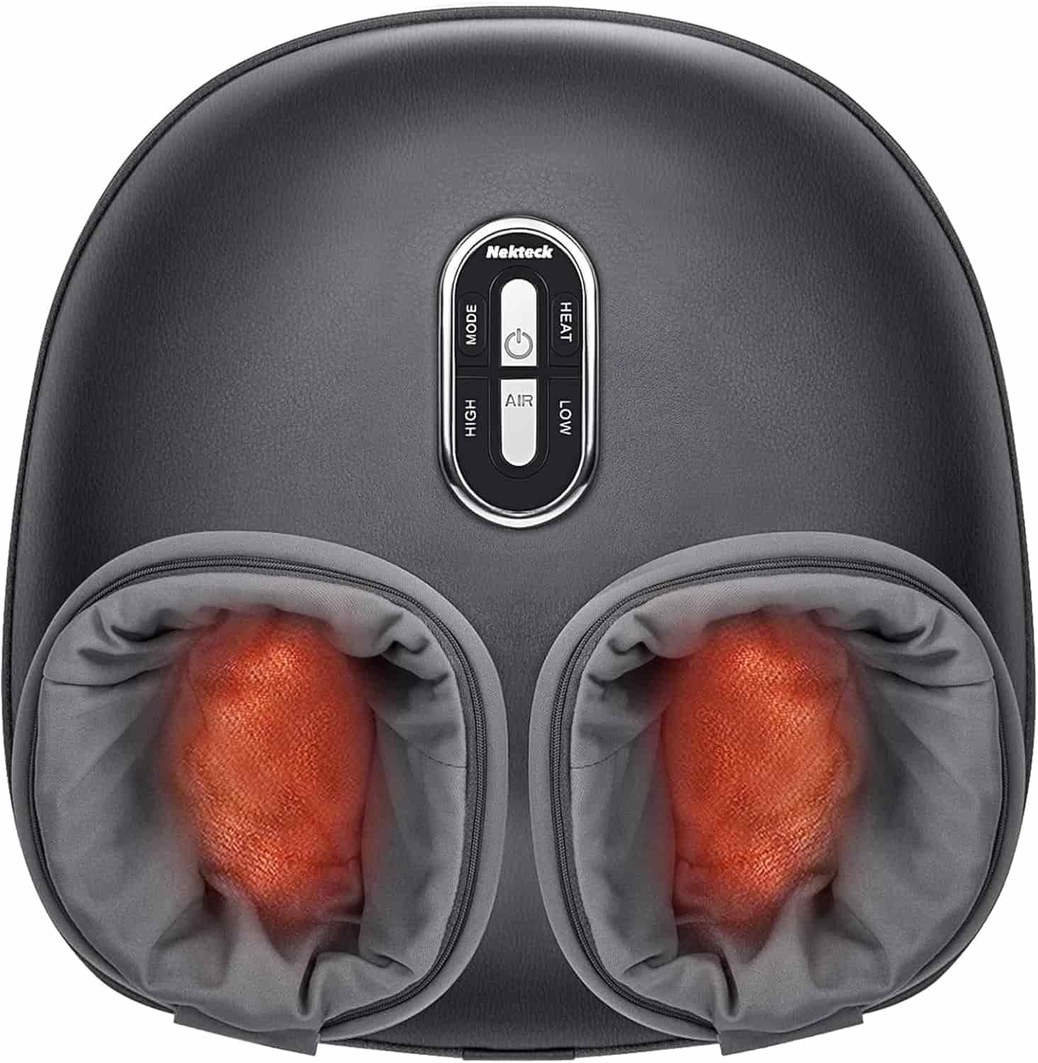 Top view of a black foot massager with gray fabric foot slots and glowing red heating elements, featuring control buttons labeled mode, air, heat, high, and low.