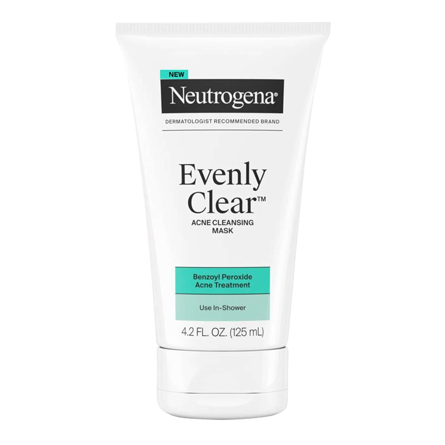 A white tube of Neutrogena Evenly Clear Acne Cleansing Mask with benzoyl peroxide, 4.2 fl oz size, labeled for use in the shower.