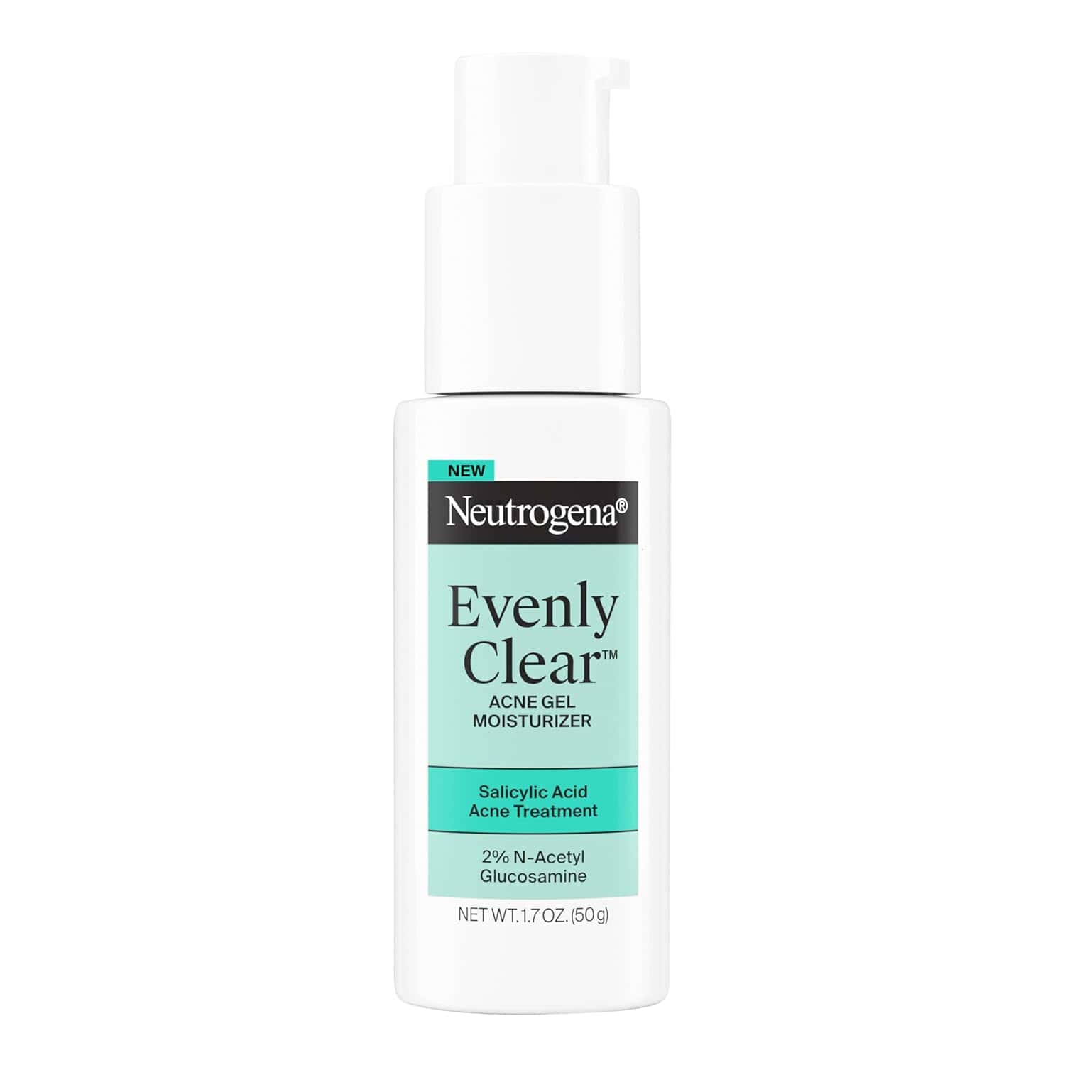 A white bottle of Neutrogena Evenly Clear Acne Gel Moisturizer with a pump dispenser and teal label, containing 2% N-Acetyl Glucosamine for acne treatment.