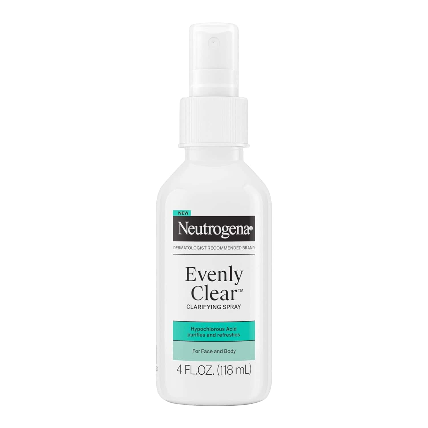 A white 4 fl. oz. spray bottle of Neutrogena Evenly Clear Clarifying Spray, labeled for face and body use, featuring hypochlorous acid to purify and refresh.