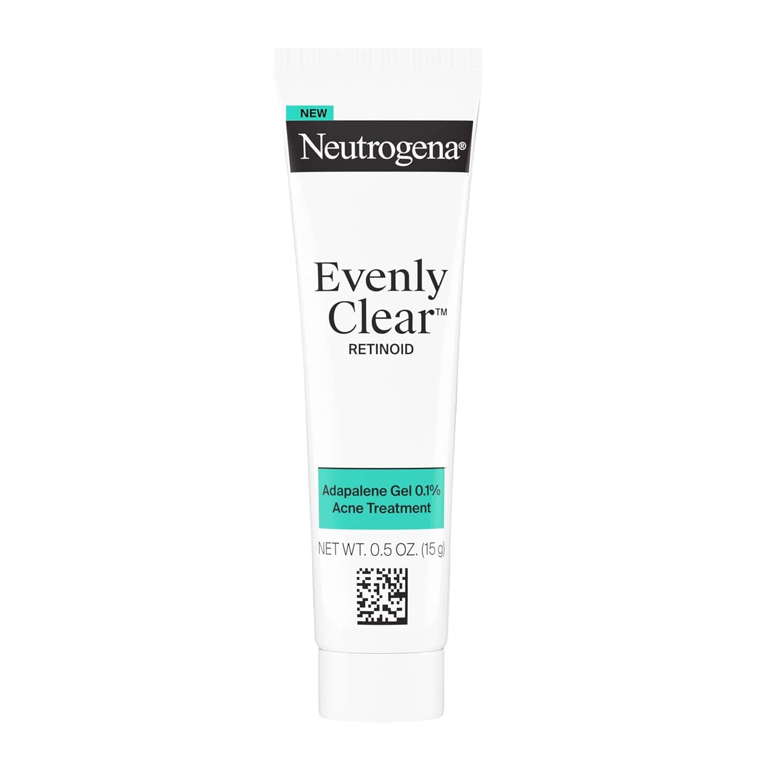 A white tube of Neutrogena Evenly Clear Retinoid Adapalene Gel 0.1% Acne Treatment, 0.5 oz size, shown upright with product label visible.