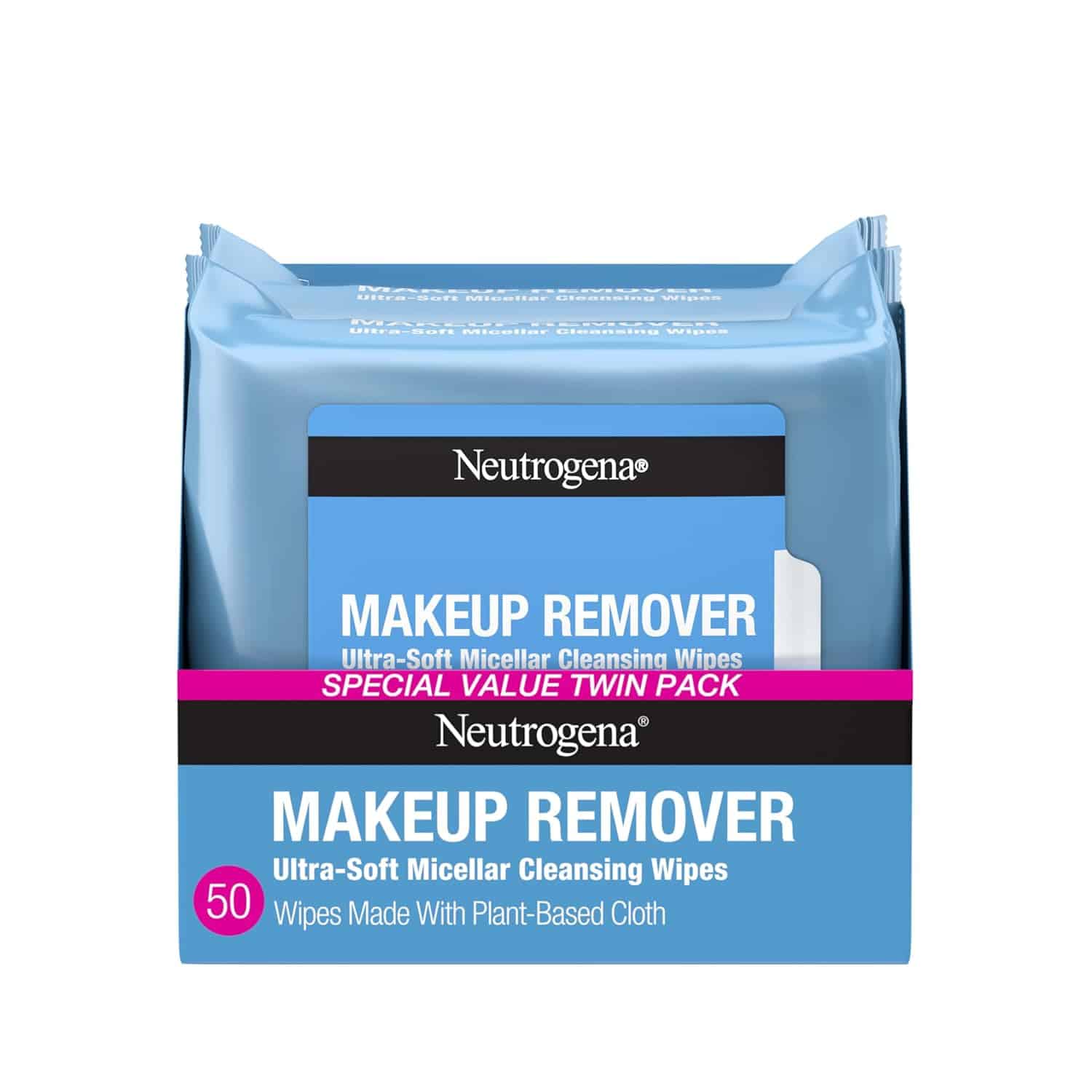 A blue twin pack of Neutrogena Makeup Remover Ultra-Soft Micellar Cleansing Wipes, 50 count, with text highlighting plant-based cloth and special value.