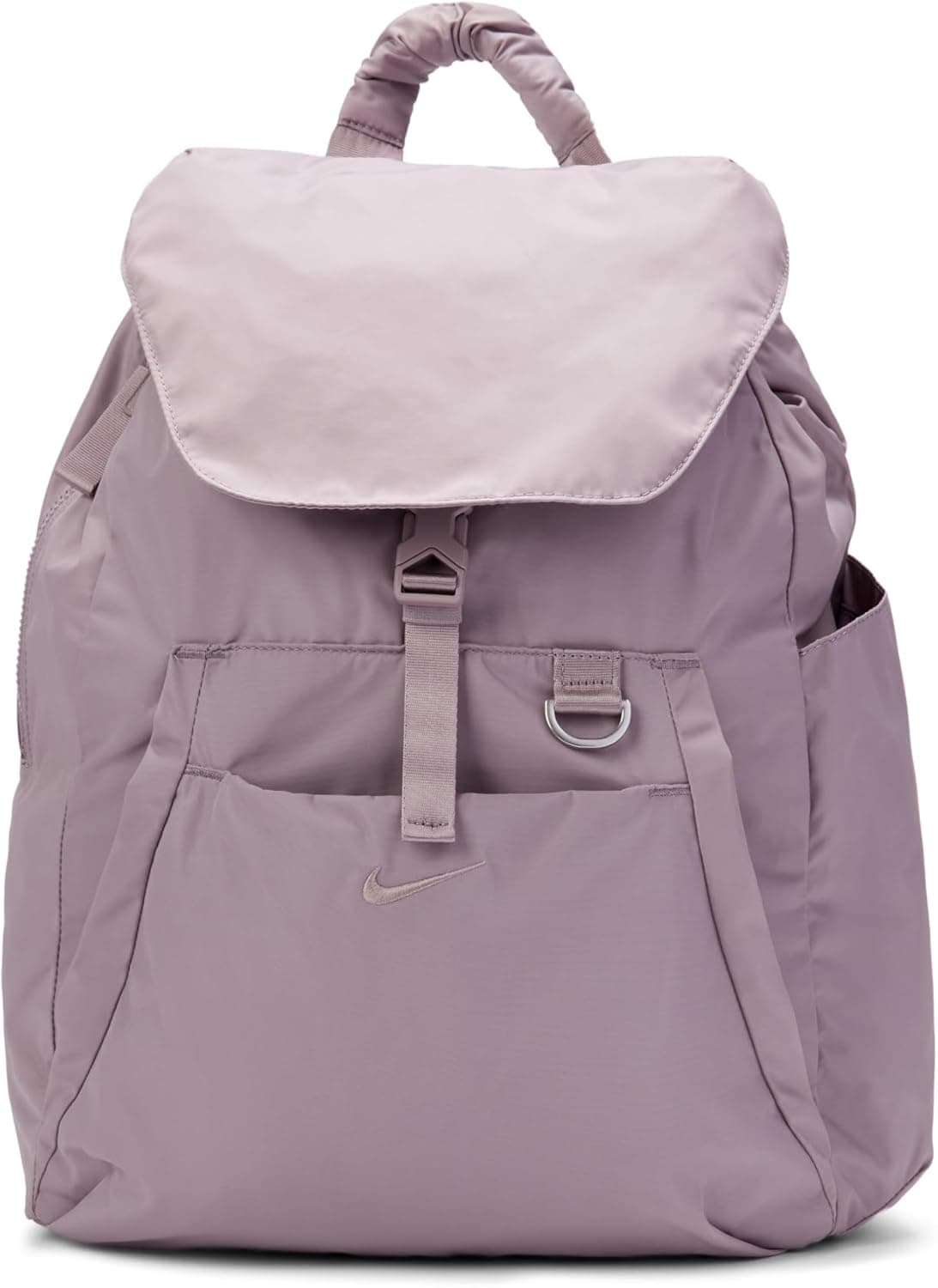 A lavender Nike backpack with a top flap, front buckle closure, side pockets, and a small metal ring detail on the front.