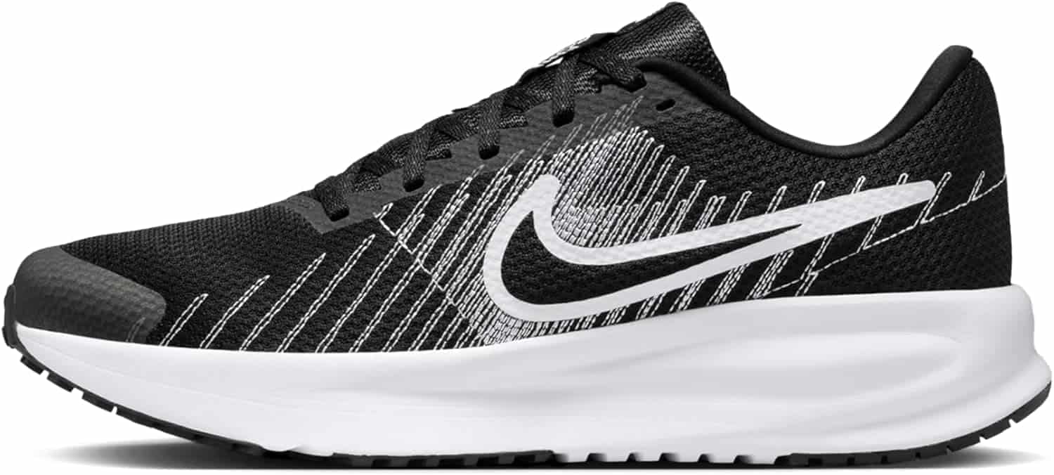 A black athletic running shoe with a white Nike swoosh logo, white details, mesh upper, and a thick white sole.