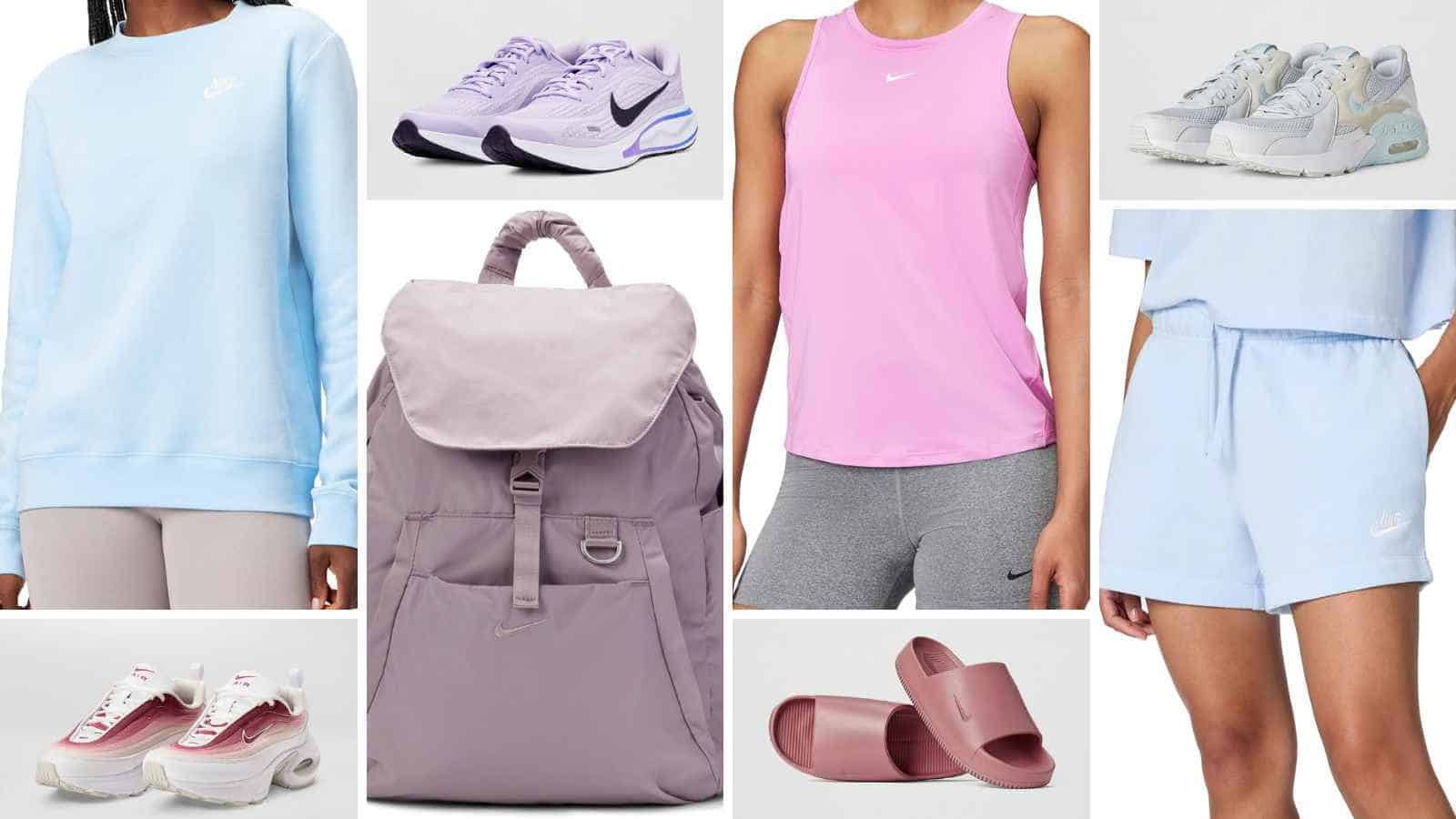 Collage of Nike apparel and accessories, including pastel sports shoes, light blue sweatshirt and shorts, pink tank top, mauve backpack, and pink slides, all modeled by women.