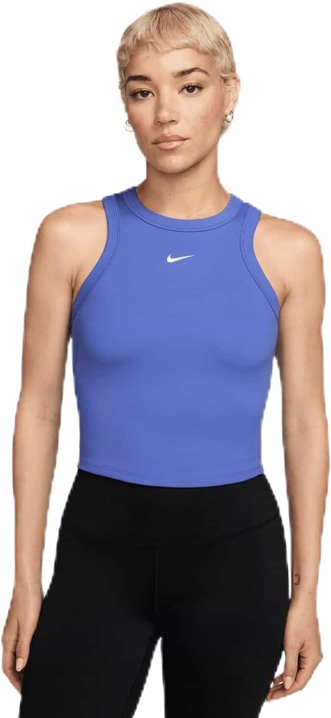 Person wearing a sleeveless blue Nike athletic top and black leggings, standing against a white background.