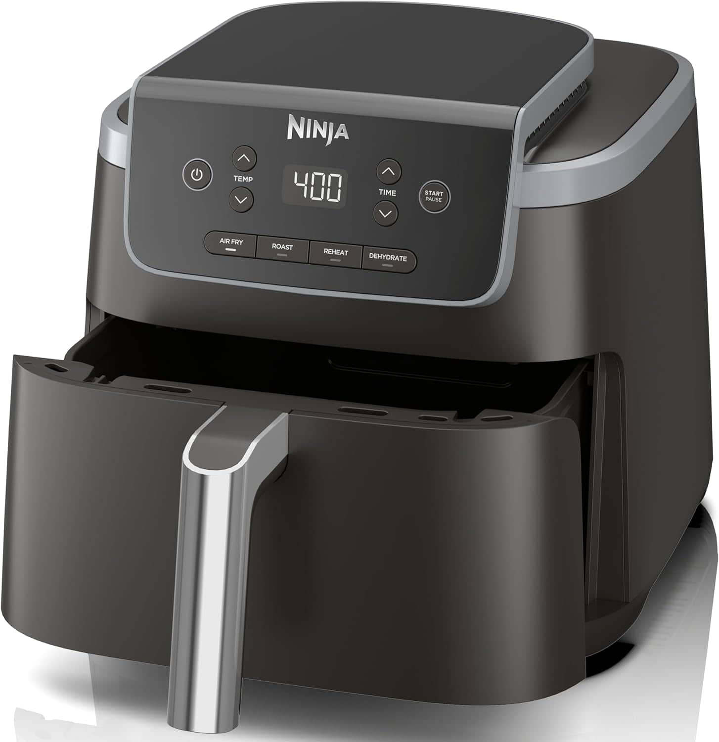 Black Ninja air fryer with digital display set to 400 degrees and an open basket drawer, shown on a white background.