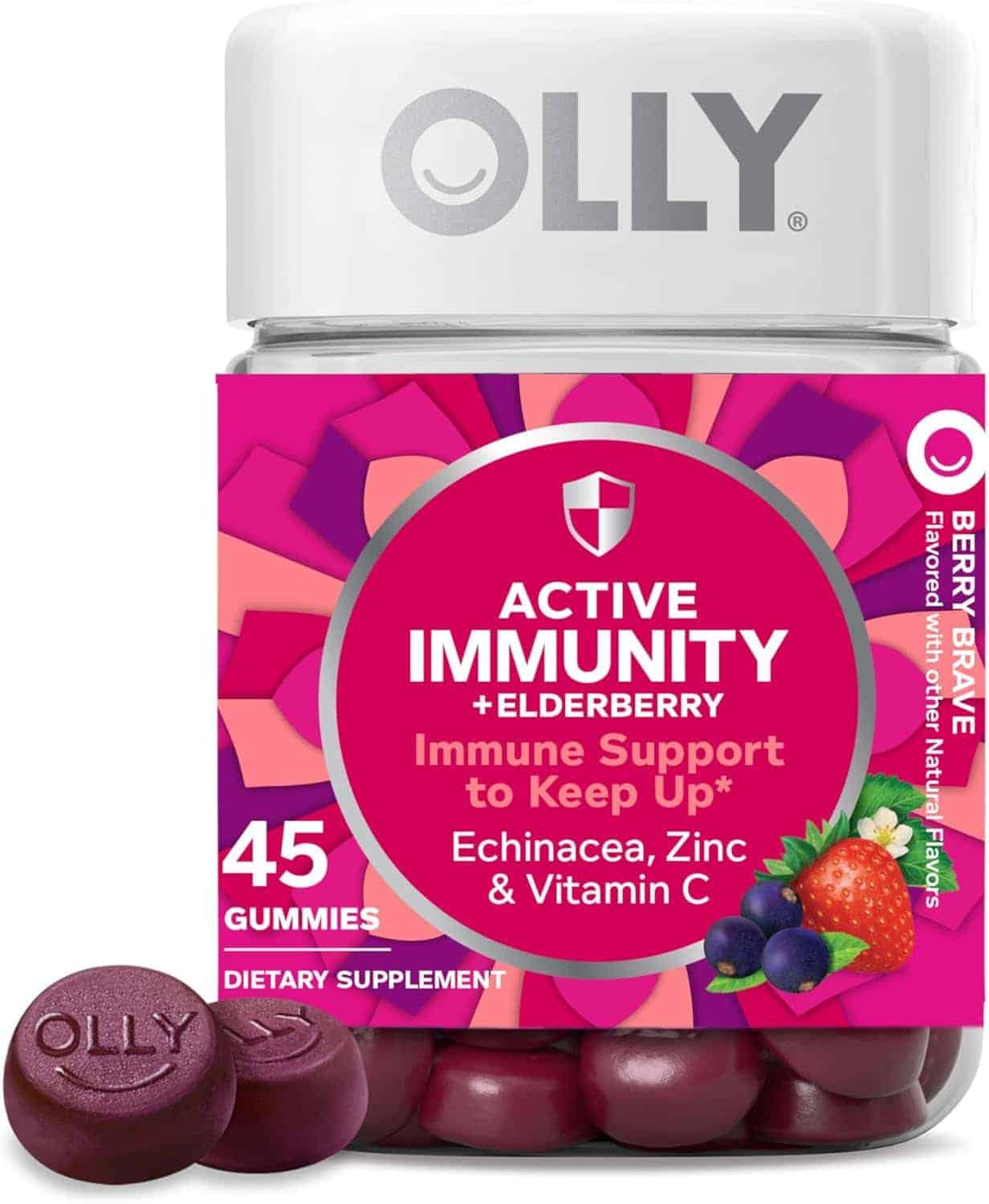 A jar of OLLY Active Immunity gummies with elderberry, labeled for immune support. Contains 45 gummies with echinacea, zinc, and vitamin C. Two gummies are shown outside the jar.