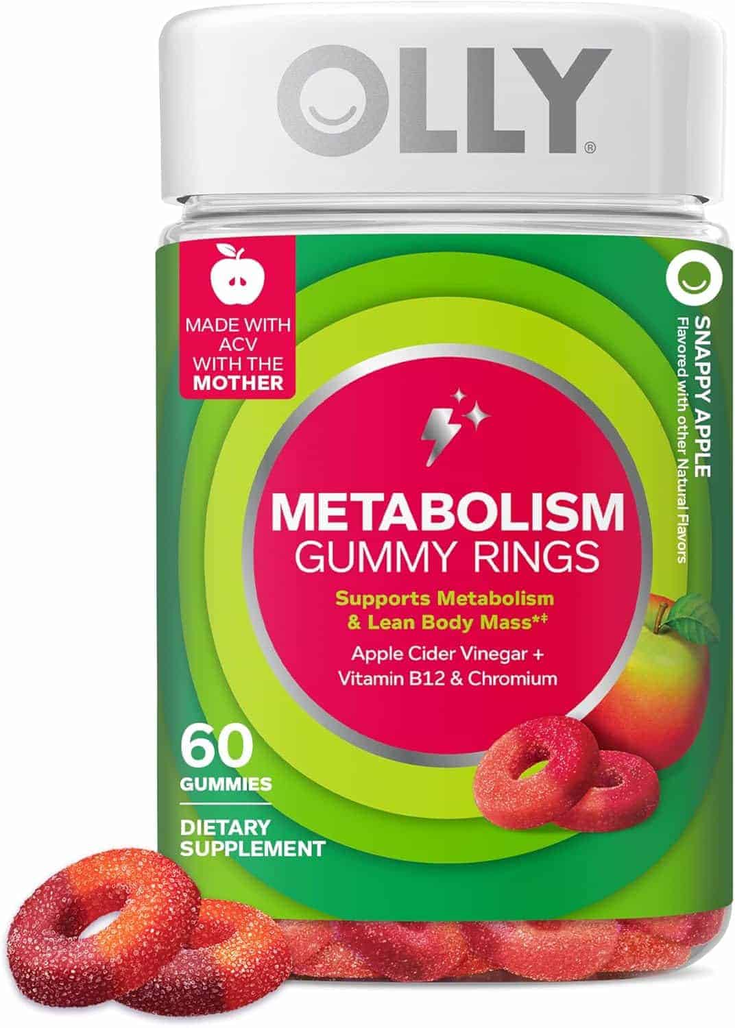 A jar of OLLY Metabolism Gummy Rings with apple cider vinegar, vitamin B12, and chromium. The label shows 60 gummies and highlights metabolism support. Several gummies are shown in front.