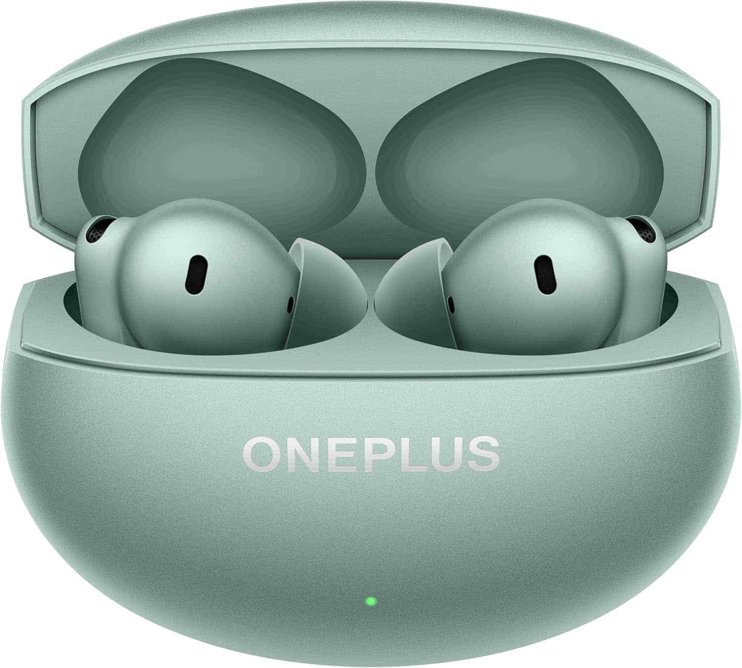 Green OnePlus wireless earbuds in an open matching charging case with "ONEPLUS" branding visible on the front and a small indicator light below.