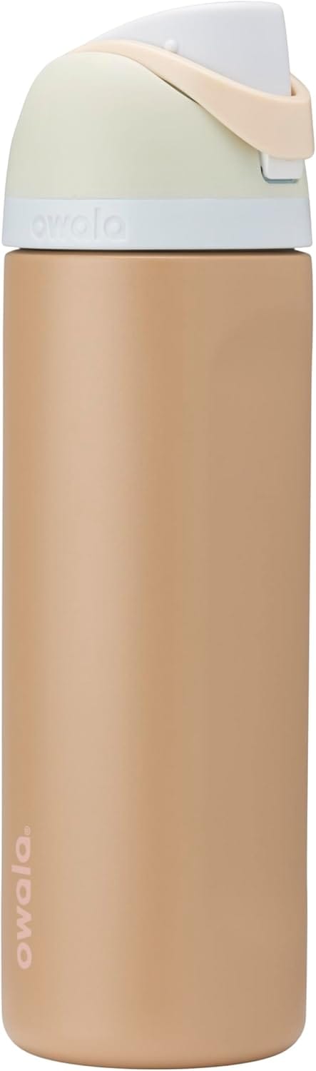A beige insulated Owala water bottle with a white and light tan flip-top lid, shown against a white background.