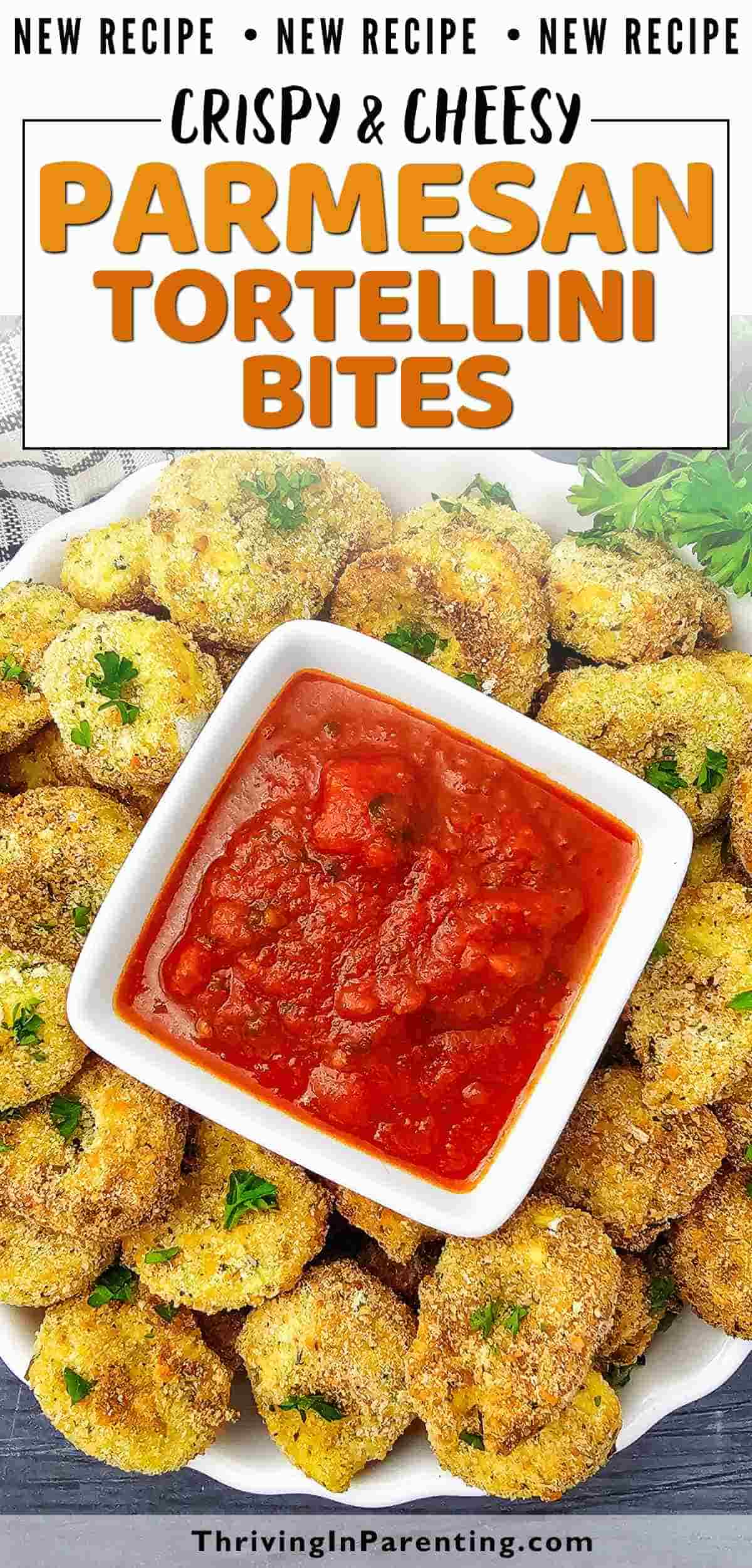Pin image of parmesan breaded tortellini bites recipe blog post.