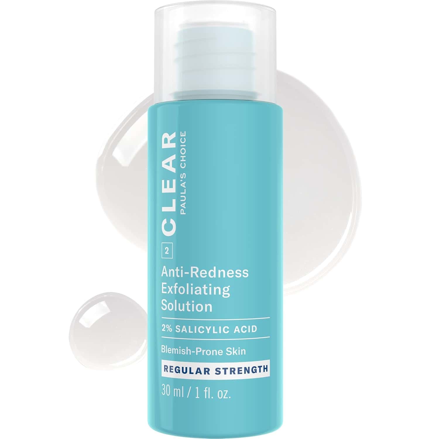 A bottle of Paula's Choice CLEAR Anti-Redness Exfoliating Solution with 2% salicylic acid, for blemish-prone skin, 30 ml size, with liquid product shown in the background.