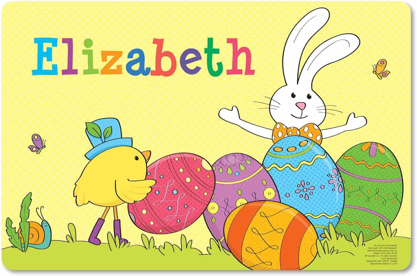 A cartoon rabbit and chick with decorated eggs and butterflies on grass, with the name "Elizabeth" in colorful letters at the top.