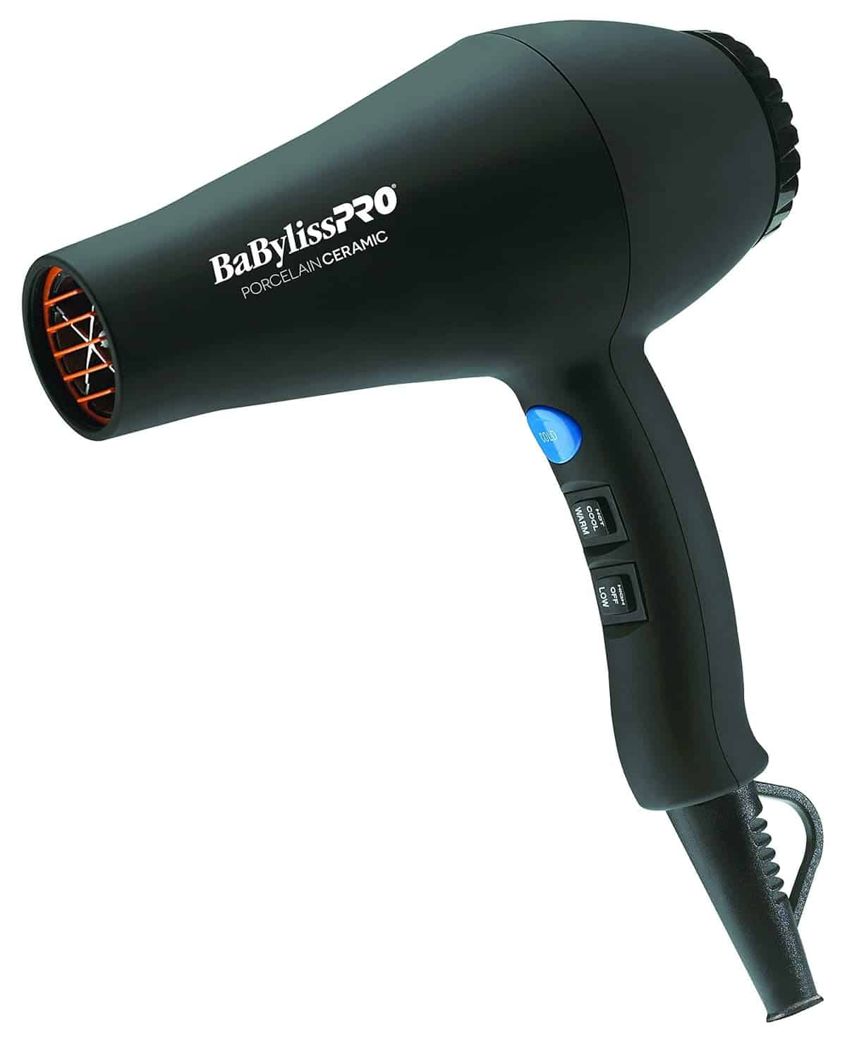 A black BaBylissPRO porcelain ceramic hair dryer with a trigger-style handle, control switches, and a power cord.