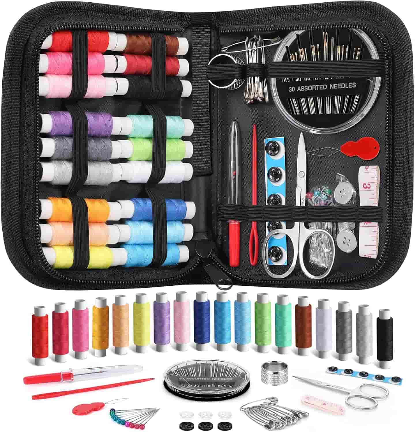 A sewing kit with multiple colored threads, needles, scissors, buttons, measuring tape, safety pins, and other sewing tools arranged neatly in a zippered case.