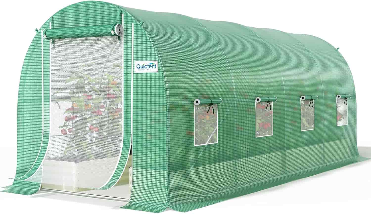 A green, tunnel-shaped greenhouse with mesh windows and a rolled-up entrance, showing plants growing inside.