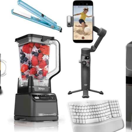 A collection of gadgets including a coffee maker, earbuds, blender with fruit, hair straightener, smartphone gimbal, keyboard, toaster, and air fryer.