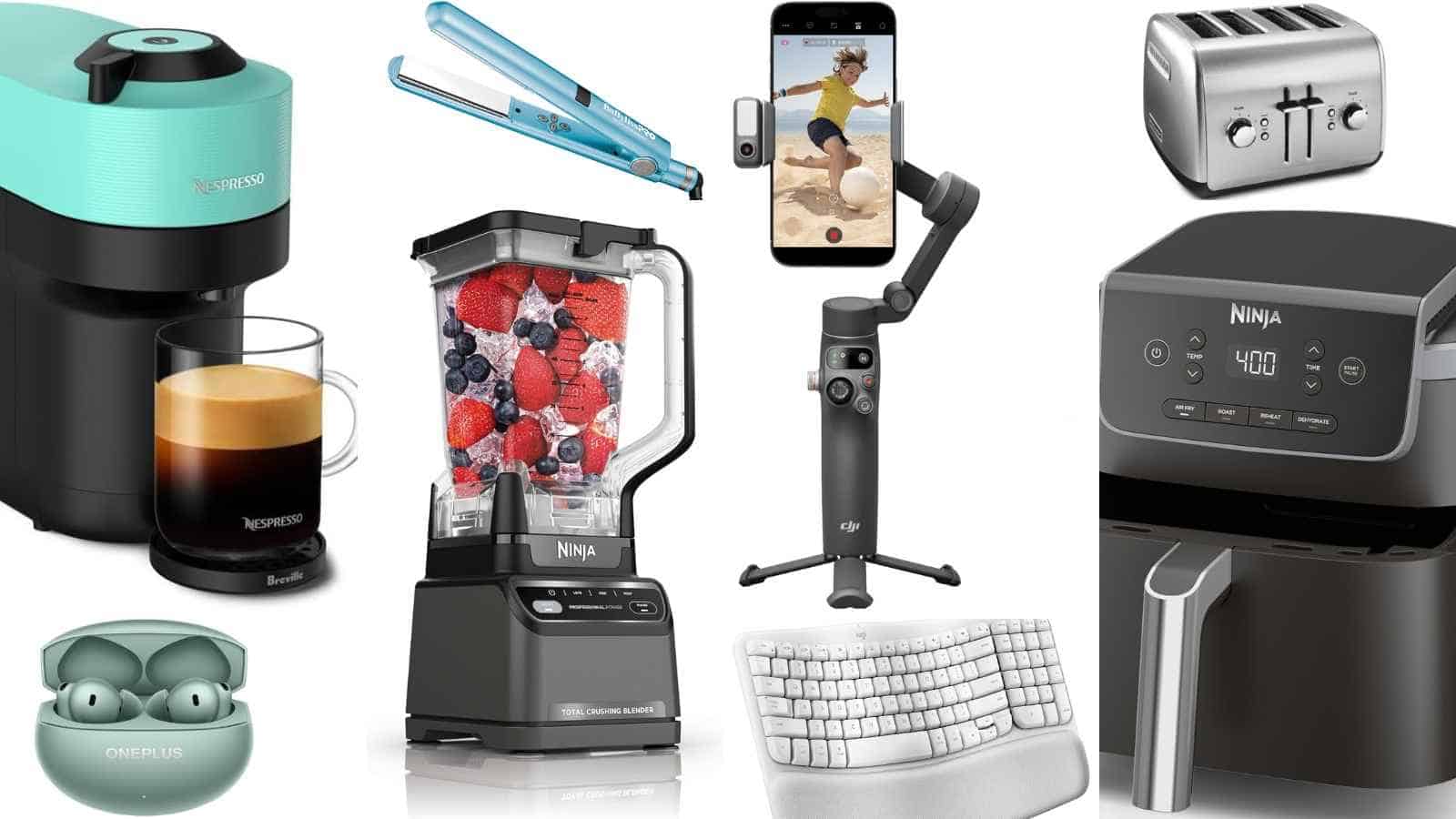 A collection of gadgets including a coffee maker, earbuds, blender with fruit, hair straightener, smartphone gimbal, keyboard, toaster, and air fryer.