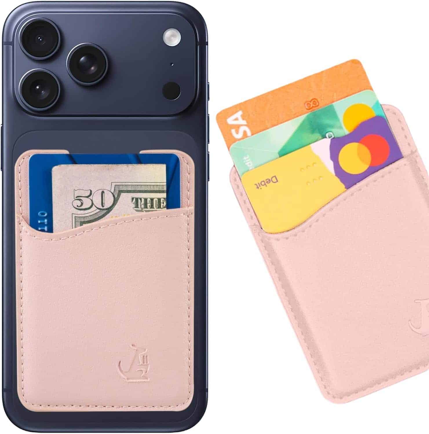 A pink cardholder attached to a smartphone holds cash and cards; another identical cardholder beside it holds three credit cards.