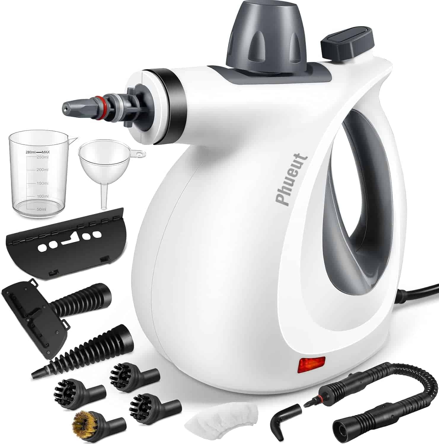 A white handheld steam cleaner with multiple attachments, including brushes, nozzles, a measuring cup, a funnel, and cleaning tools, all arranged around the main device.