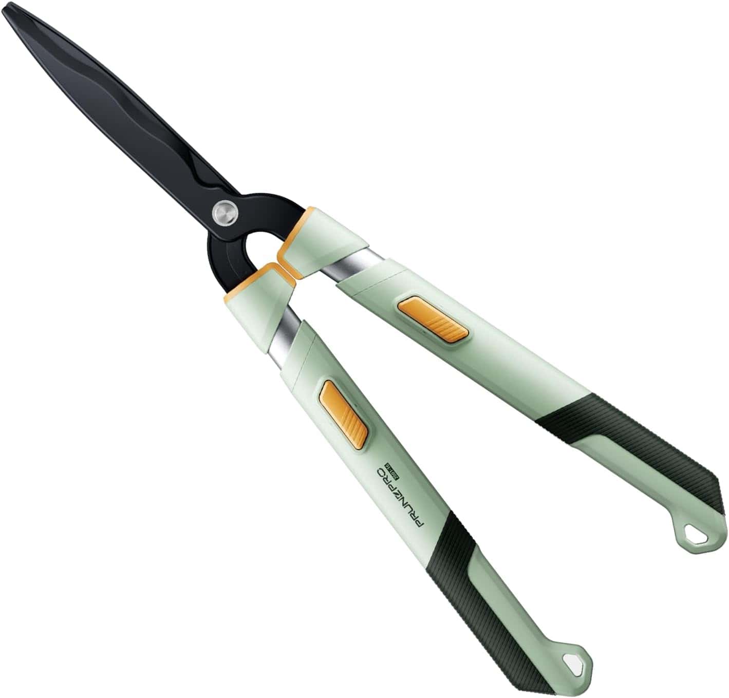 A pair of gardening hedge shears with black blades and light green handles featuring orange accents.