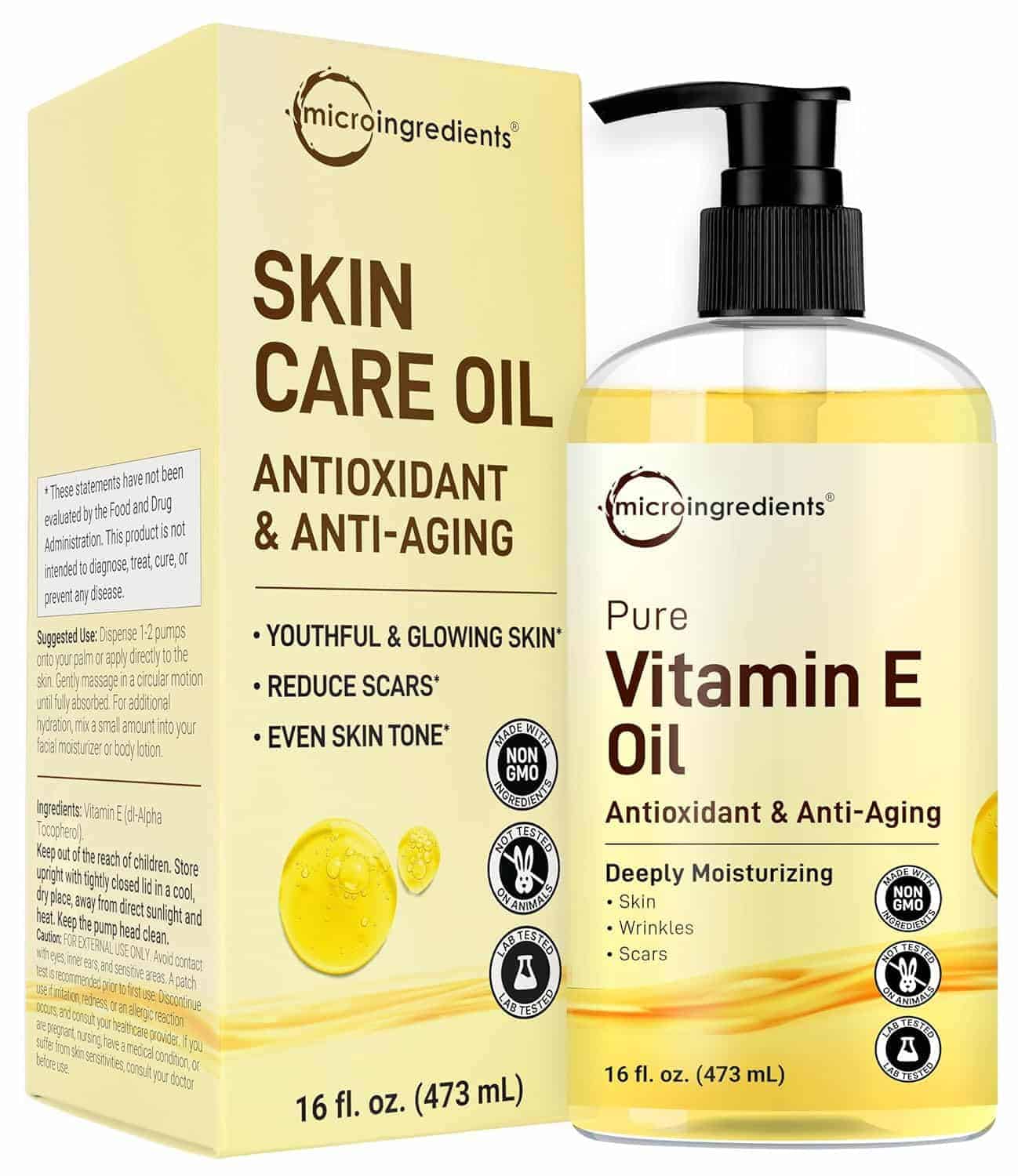 A bottle and box of Micro Ingredients Pure Vitamin E Oil, labeled as antioxidant and anti-aging skin care oil, 16 fl oz pump bottle, for moisturizing, wrinkles, and scars.