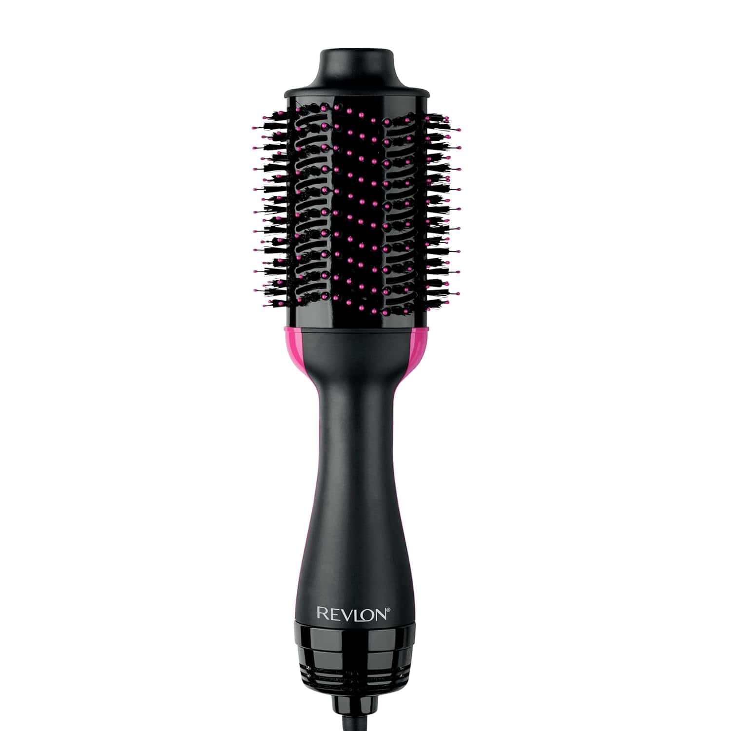 A black and pink Revlon hair dryer brush with bristles, shown upright against a white background.