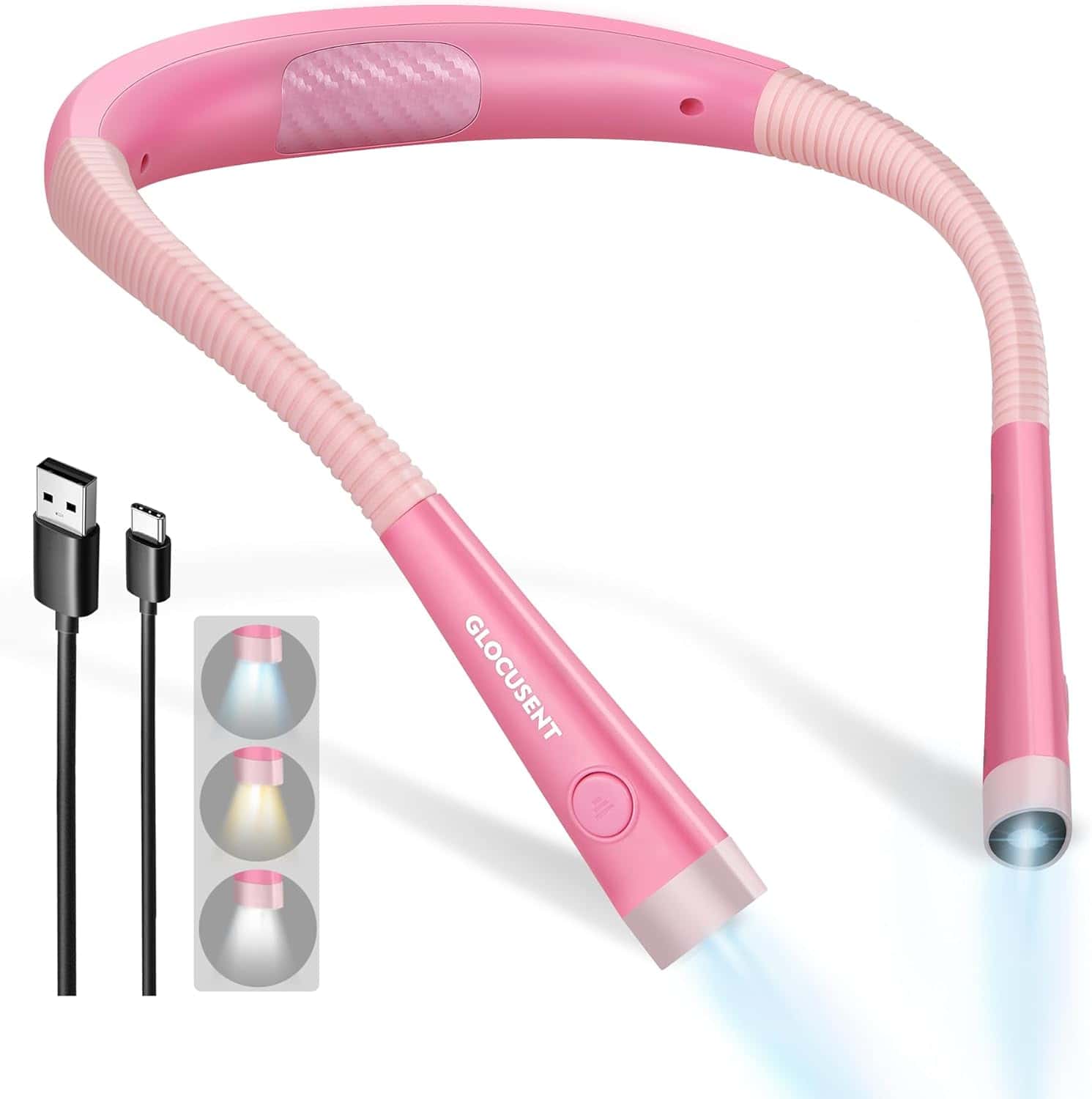 A pink Glocusent neck reading light with flexible arms, adjustable brightness, and a USB charging cable; features three light modes shown in small icons.