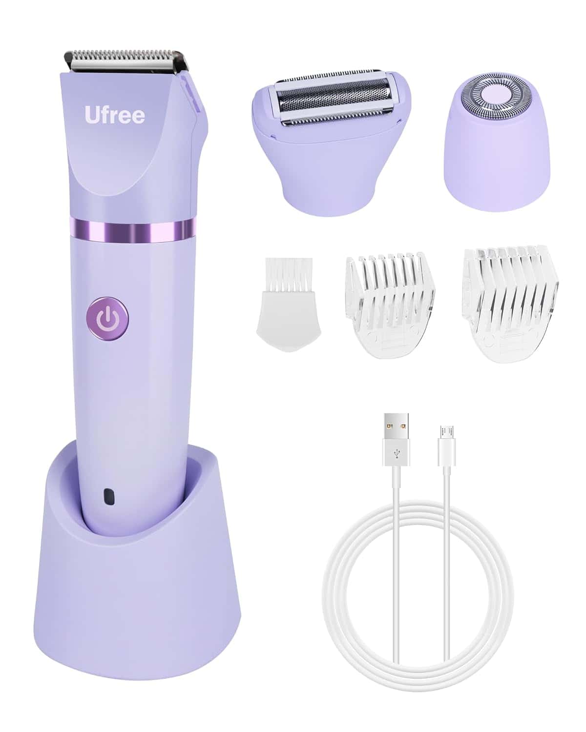 A lavender electric trimmer set with charging base, three detachable heads, two guide combs, a cleaning brush, and a USB charging cable.