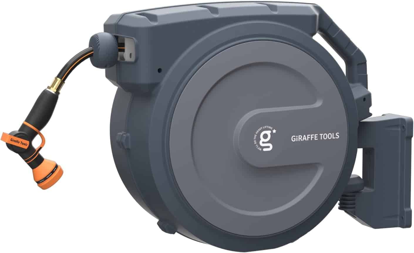 A gray retractable garden hose reel with an orange and black spray nozzle, mounted on a wall bracket.