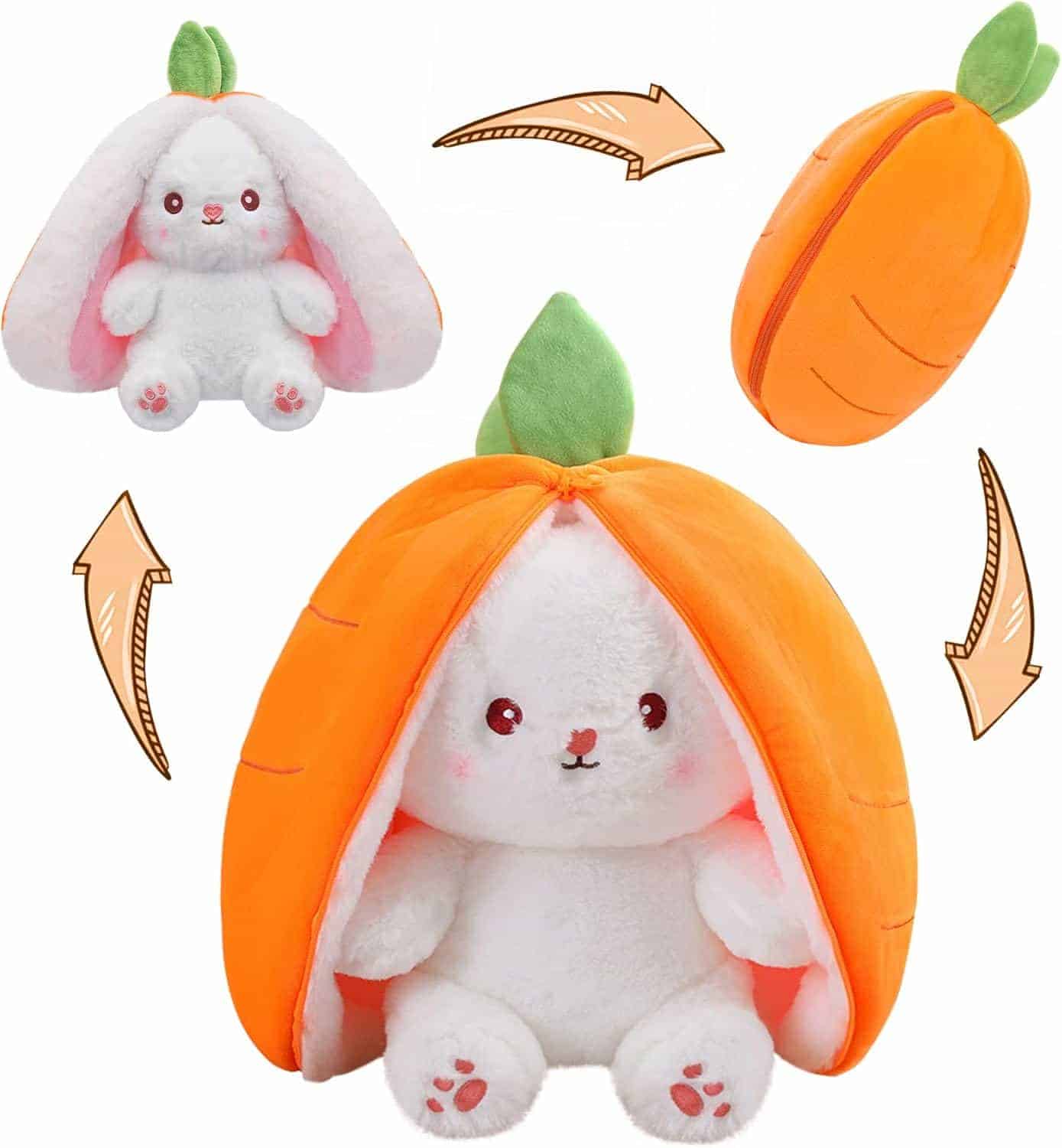 Plush white bunny toy with floppy ears that folds into an orange carrot-shaped zippered pouch, shown in open and closed forms with arrows indicating transformation.